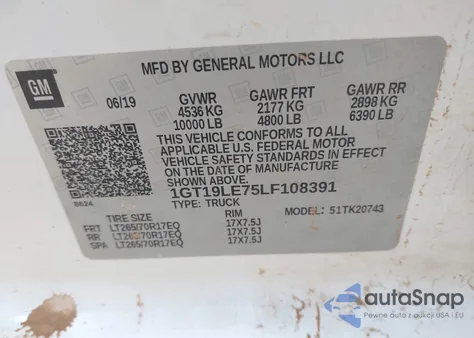 2020 GMC Sierra 2500Hd 4Wd Standard Bed z USA, uszkodzony, nr VIN 1GT19LE75LF108391